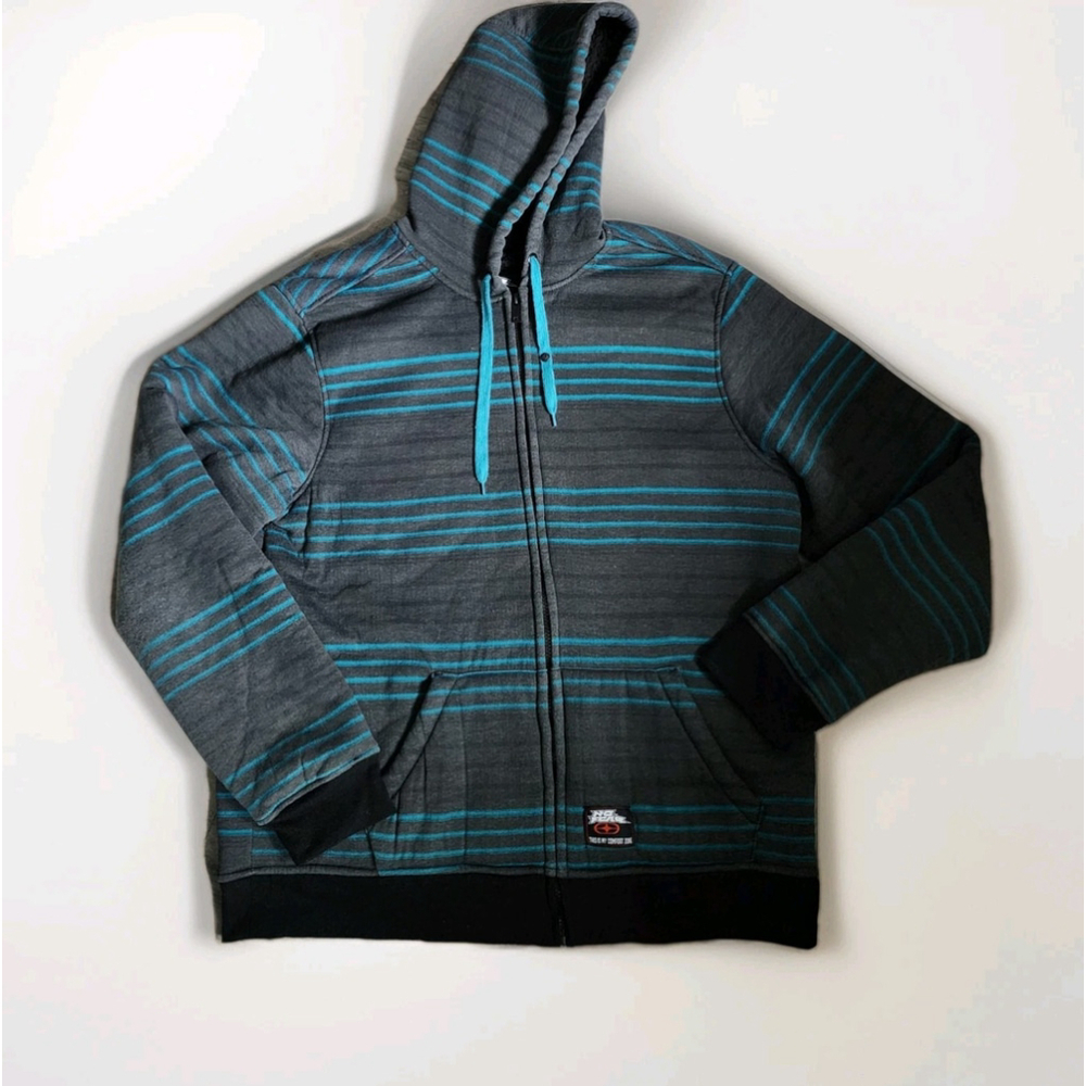 No Fear Sweatshirt Mens XL Gray & Blue Striped Full Zip Fleece Lined Hoodie Y2K - Picture 11 of 15